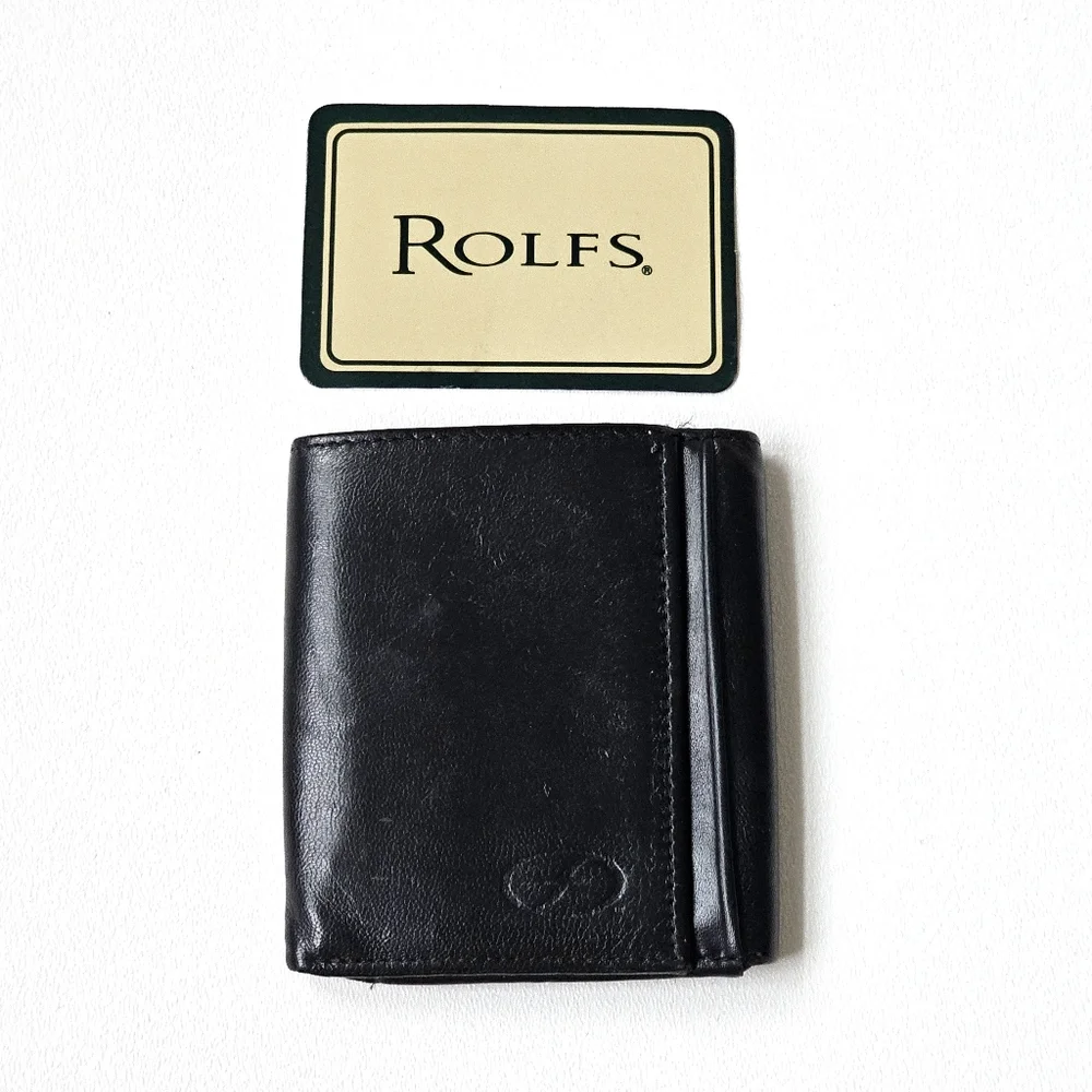 Vintage 80s Rolfs Soft Genuine Leather Black Trifold Wallet Men’s ID Window